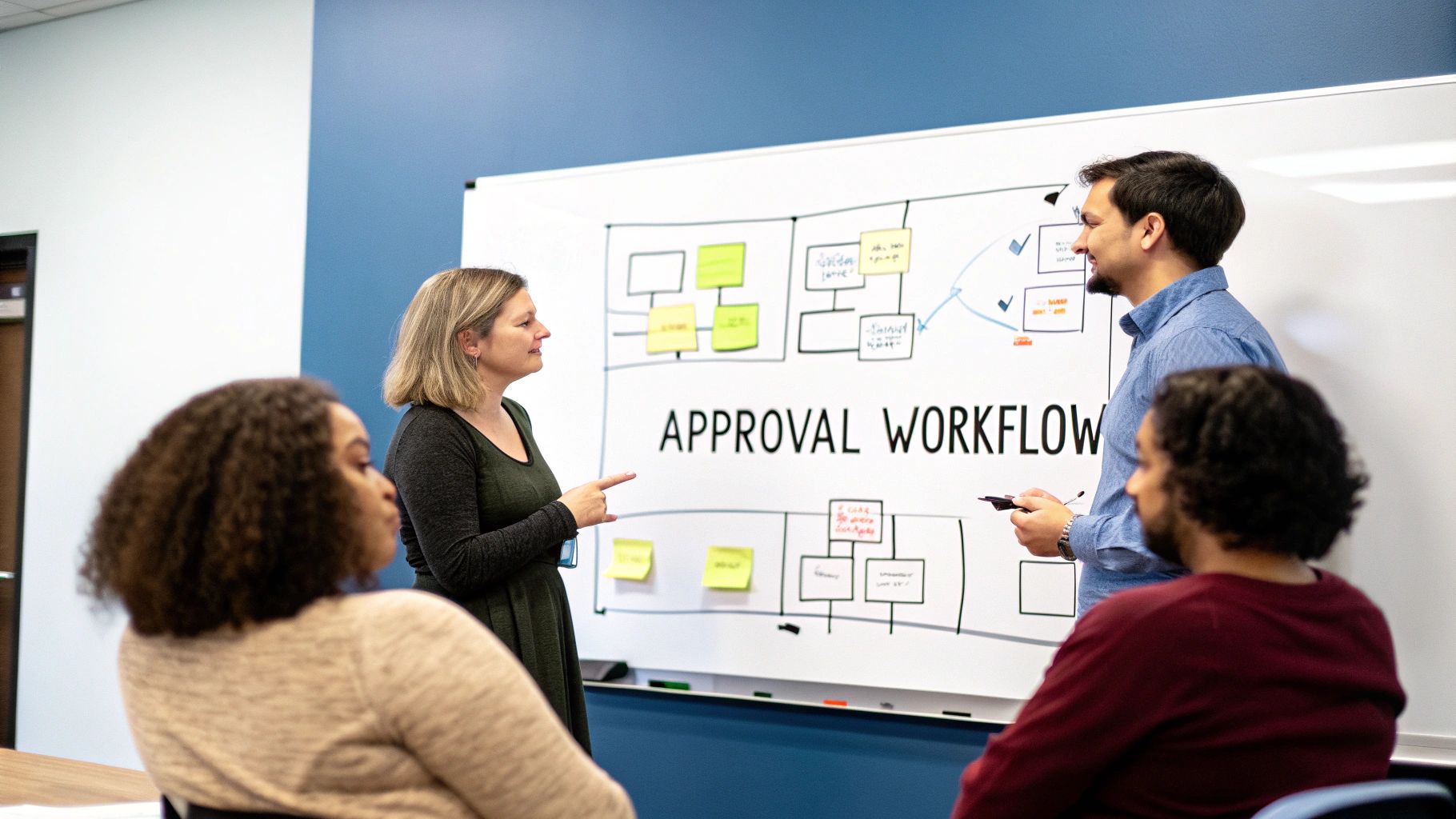Illustration of a structured approval workflow chart, showing roles, steps, and decision points in a contract management process.