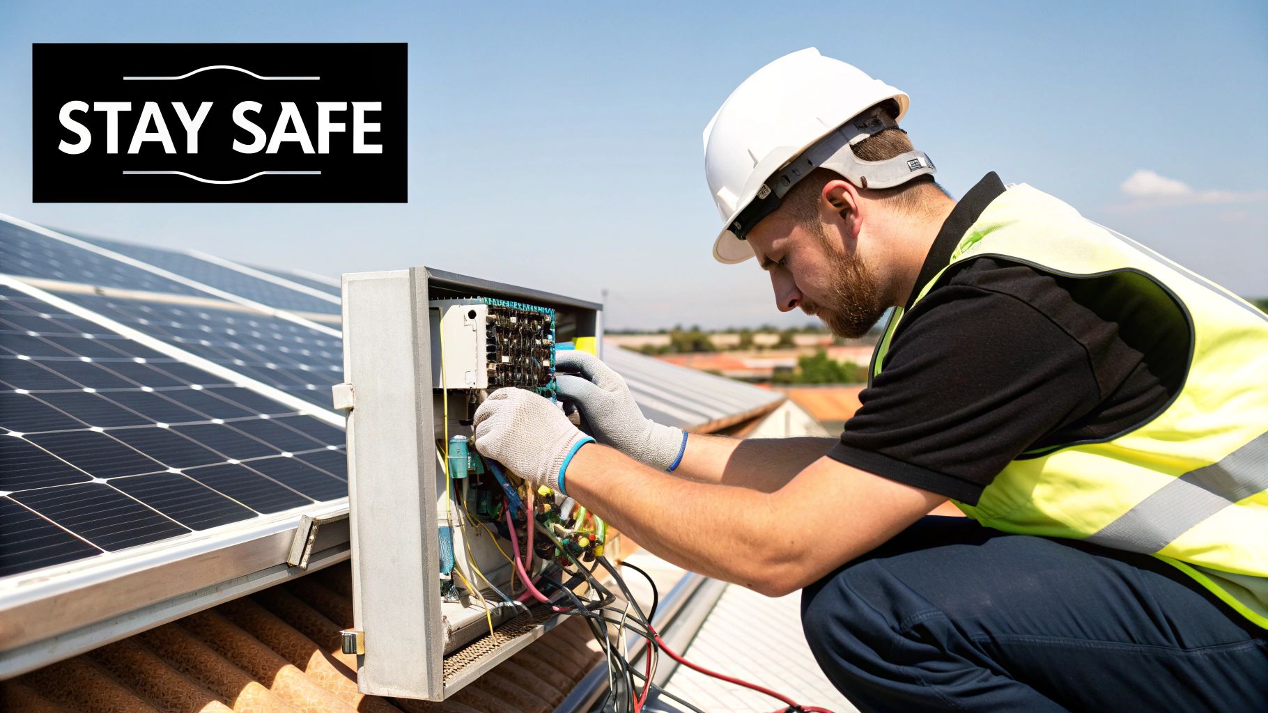 A technician using a multimeter to test the voltage on a solar panel's junction box.