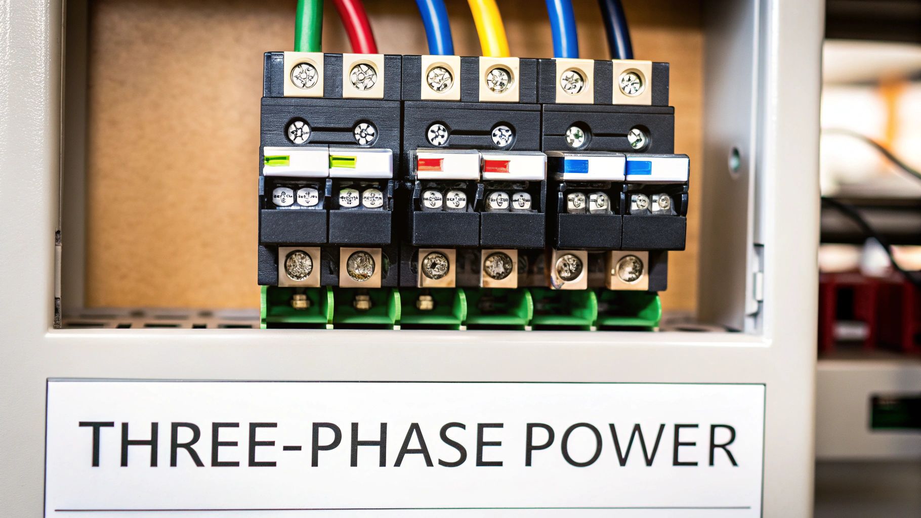 An electrician working on a three-phase electrical panel