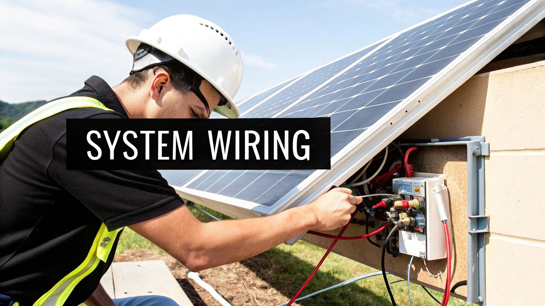An electrician working on the wiring and connections of a rooftop solar panel system.