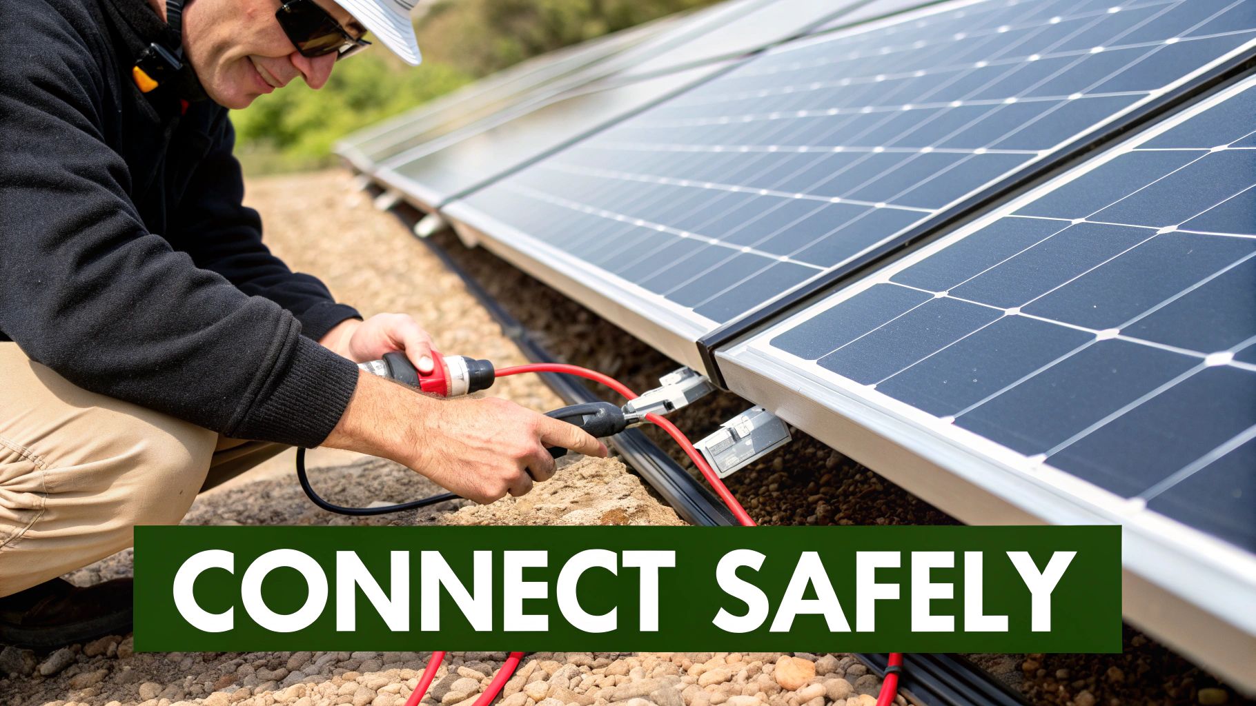 A solar installer connecting wires between two solar panels on a rooftop.