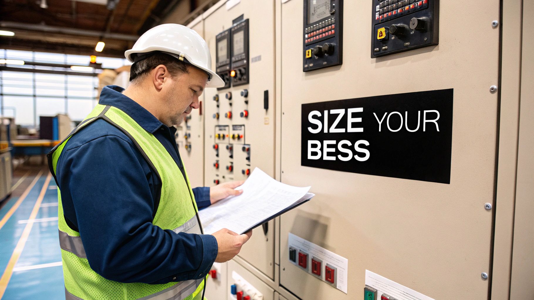 Engineer reviewing technical schematics for battery energy storage system design