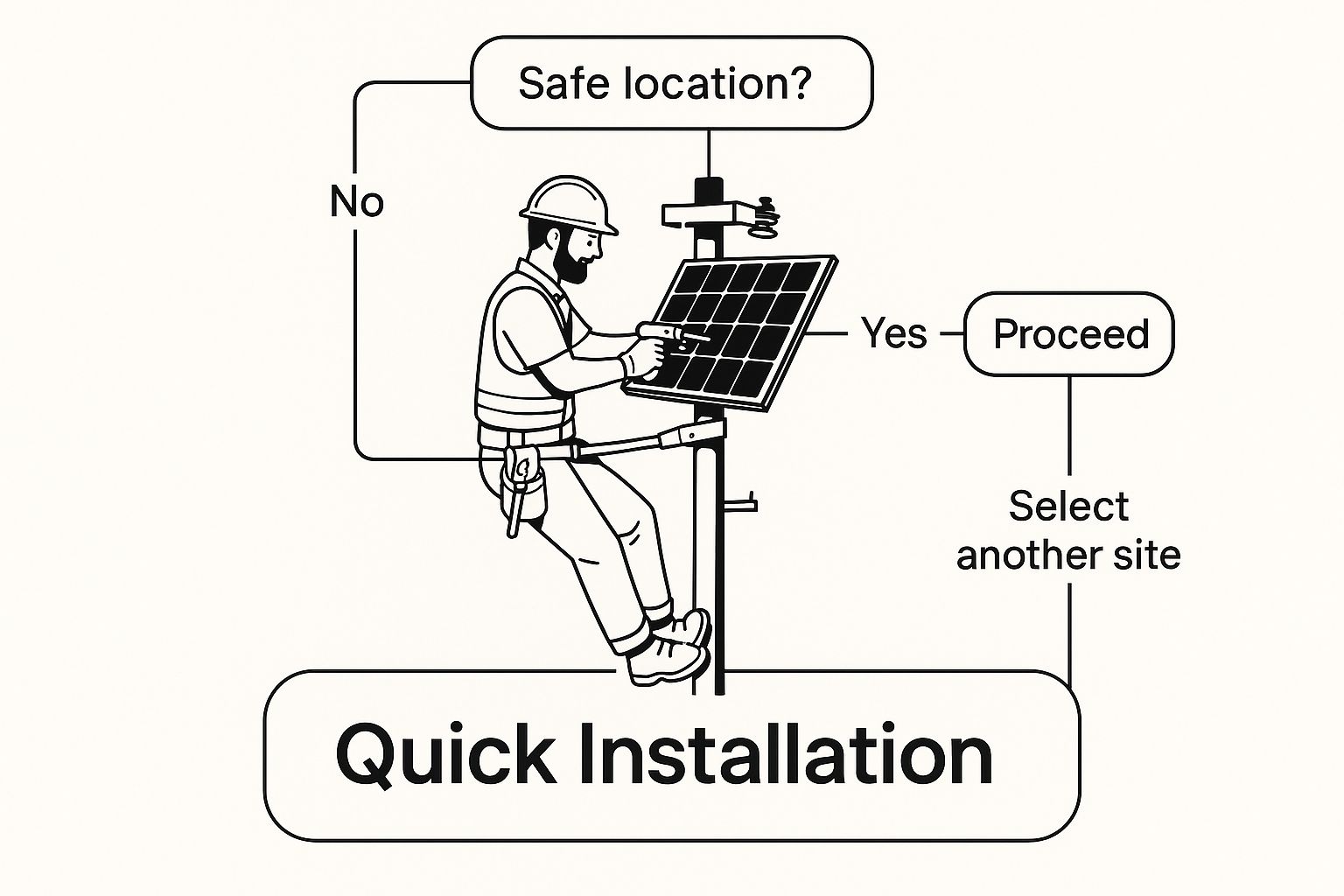 Solar technician performing quick installation of a panel on a pole mount - hardware selection decision tree