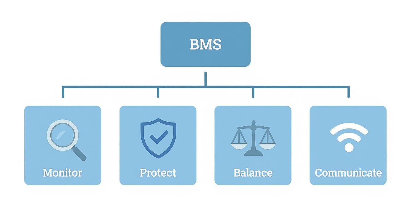 Infographic showing the four pillars of a Battery Management System: Monitor, Protect, Balance, and Communicate.