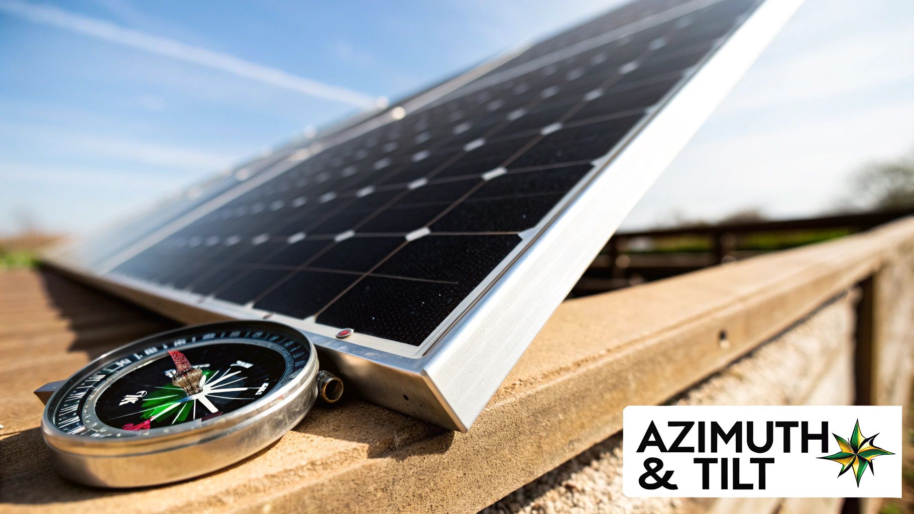 A solar panel being adjusted by an installer on a sunny day, demonstrating tilt and azimuth angles.
