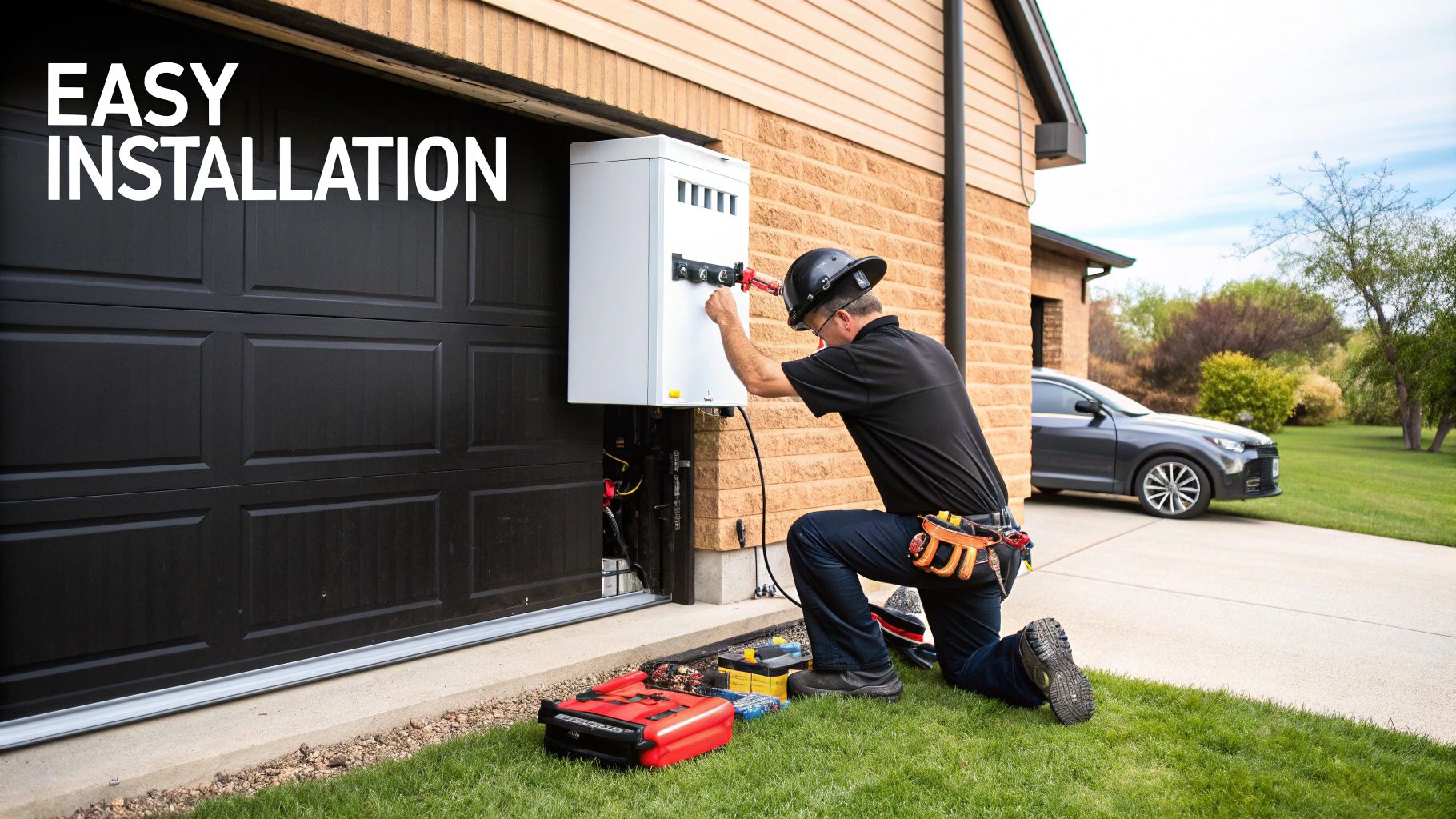 Professional installer mounting a home solar battery on a wall next to an electrical panel.