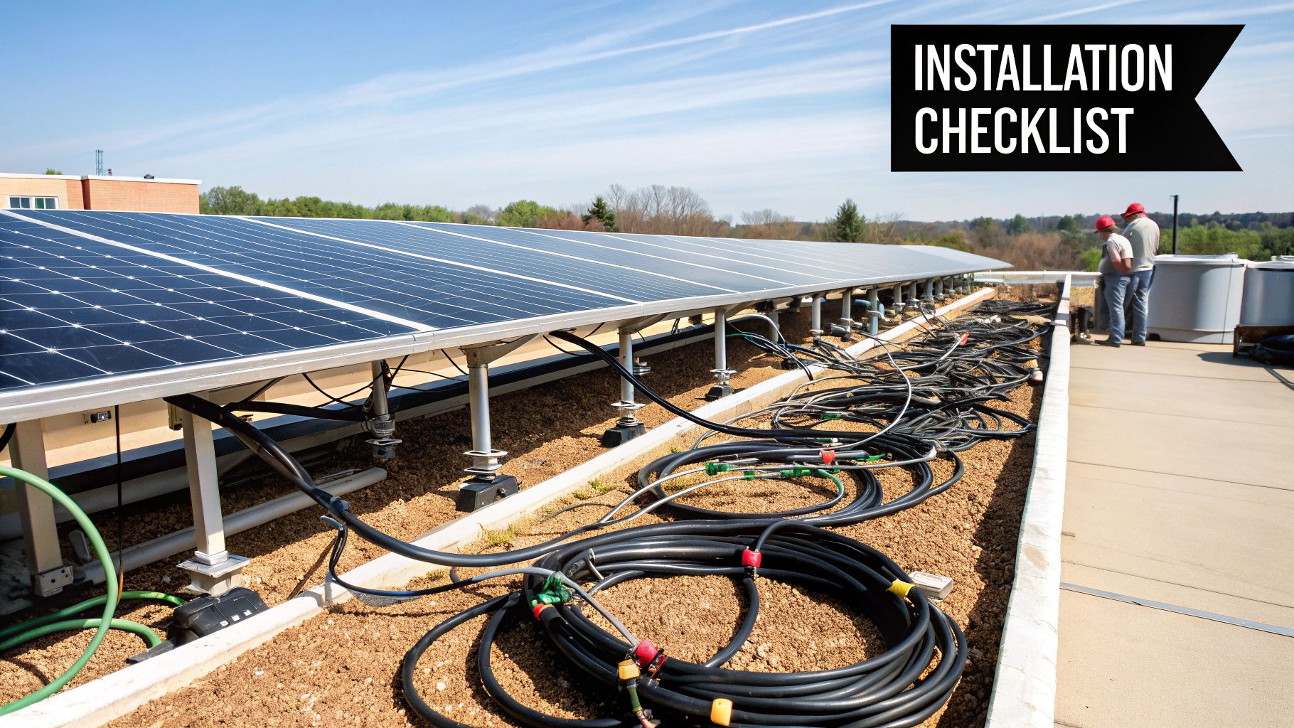 A solar installer is carefully securing solar cables with UV-rated ties on a rooftop racking system.
