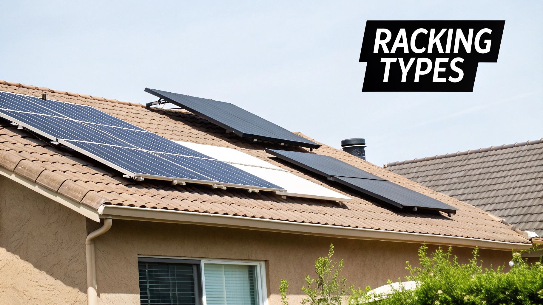 Solar panels being installed on a roof with a metal racking system.