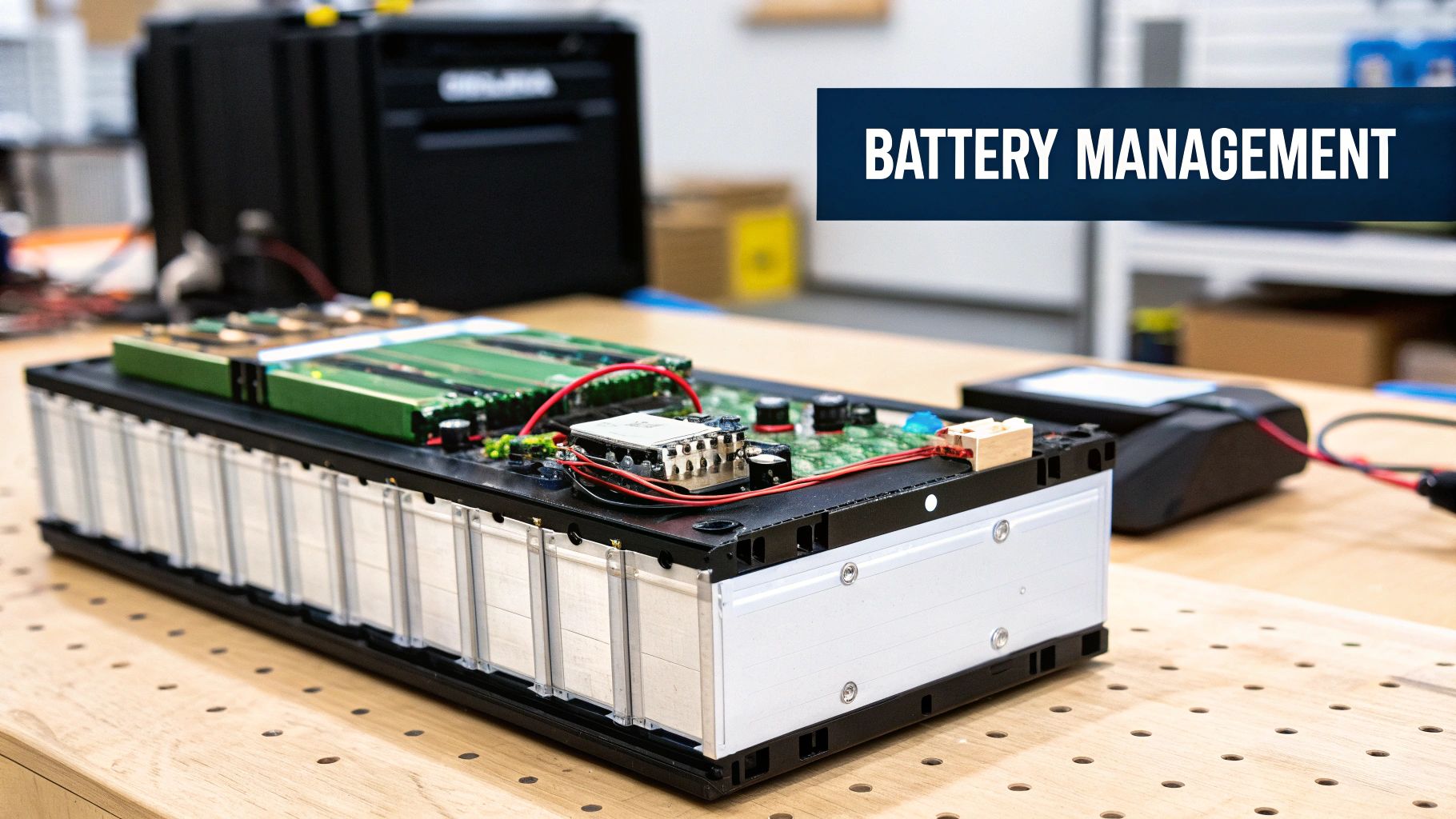 Technician examining a large battery pack with intricate wiring, highlighting the complexity managed by a BMS.