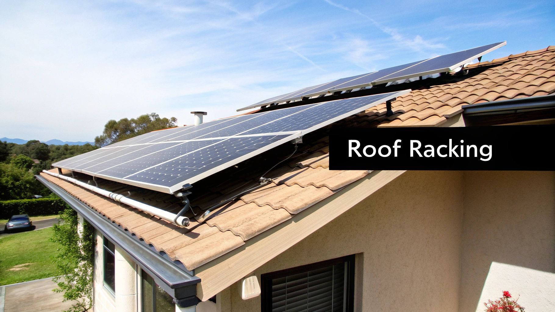 Solar panels installed on ground-mounted racking in an open field