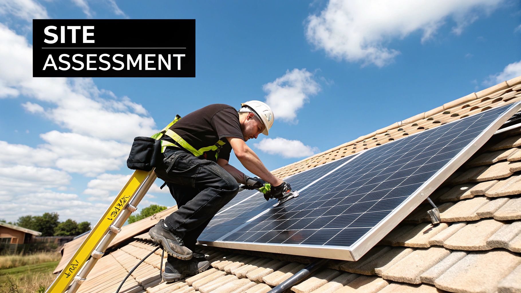 A solar panel installer taking measurements on a roof to design a solar energy system.
