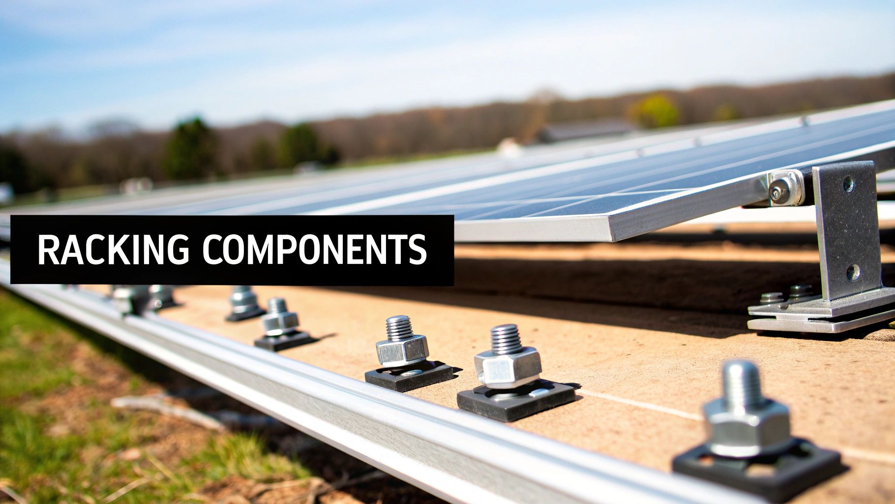A detailed view of solar panel racking components being installed on a residential roof