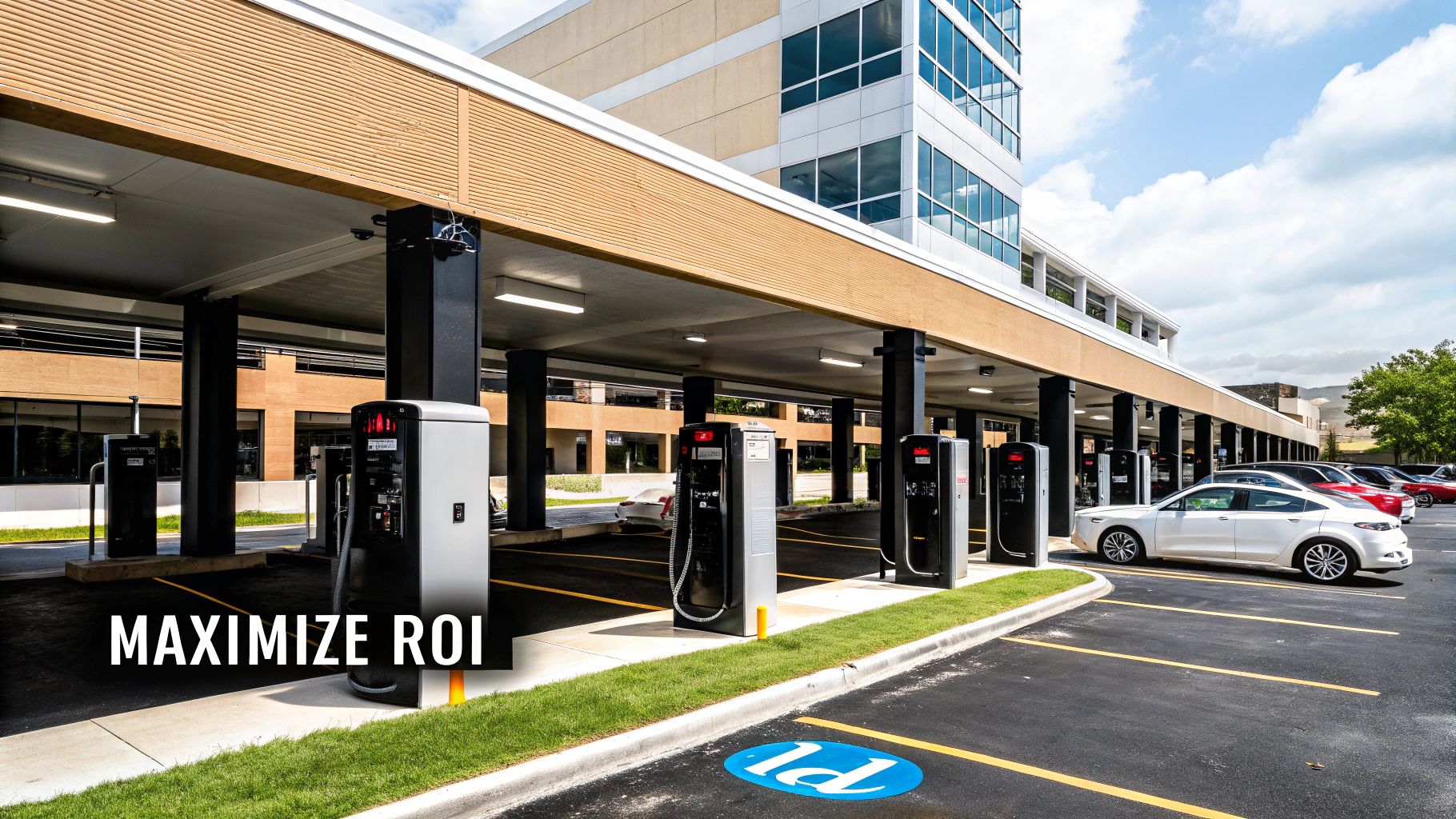 A financial chart showing upward growth superimposed over an image of EV charging stations.
