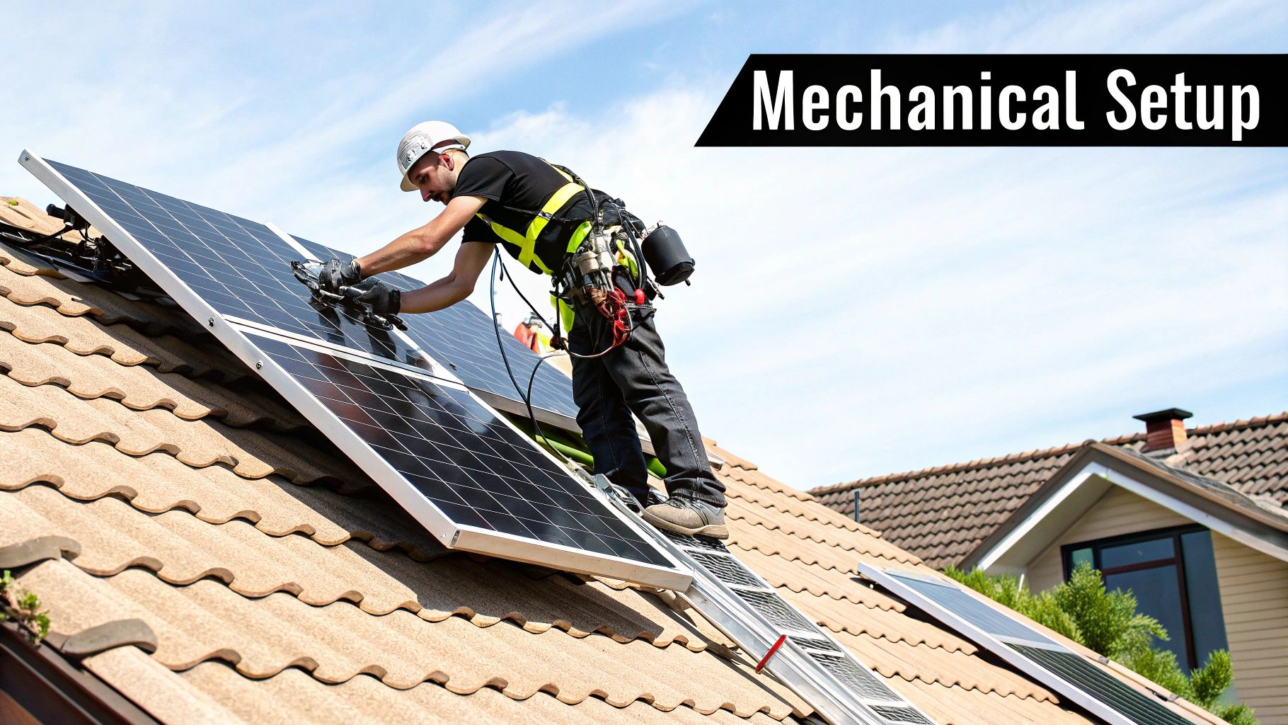 A team of solar installers securing racking and panels on a residential rooftop.
