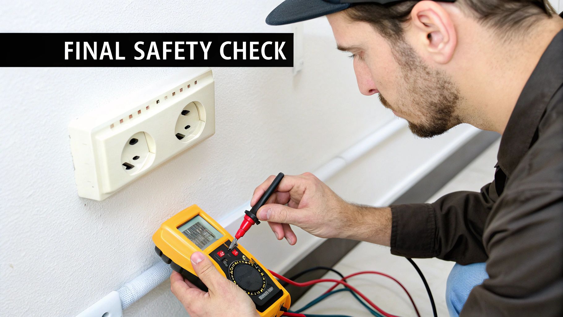 A multimeter is used to test the voltage of a newly installed 240V outlet, ensuring it is wired correctly.