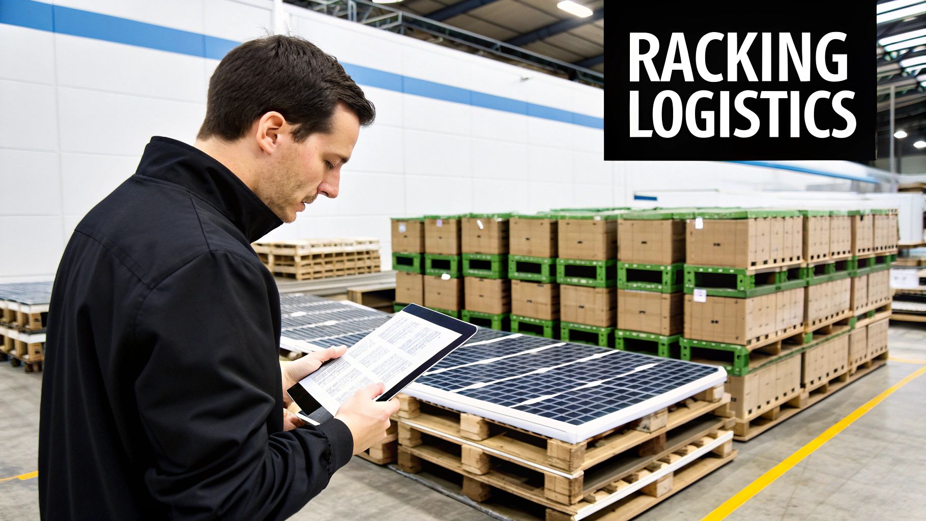 A solar professional examining the components of a solar racking system.
