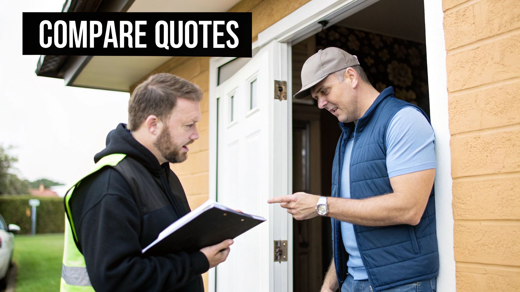 An HVAC contractor explaining a quote to a homeowner in front of a newly installed ductless mini split system.