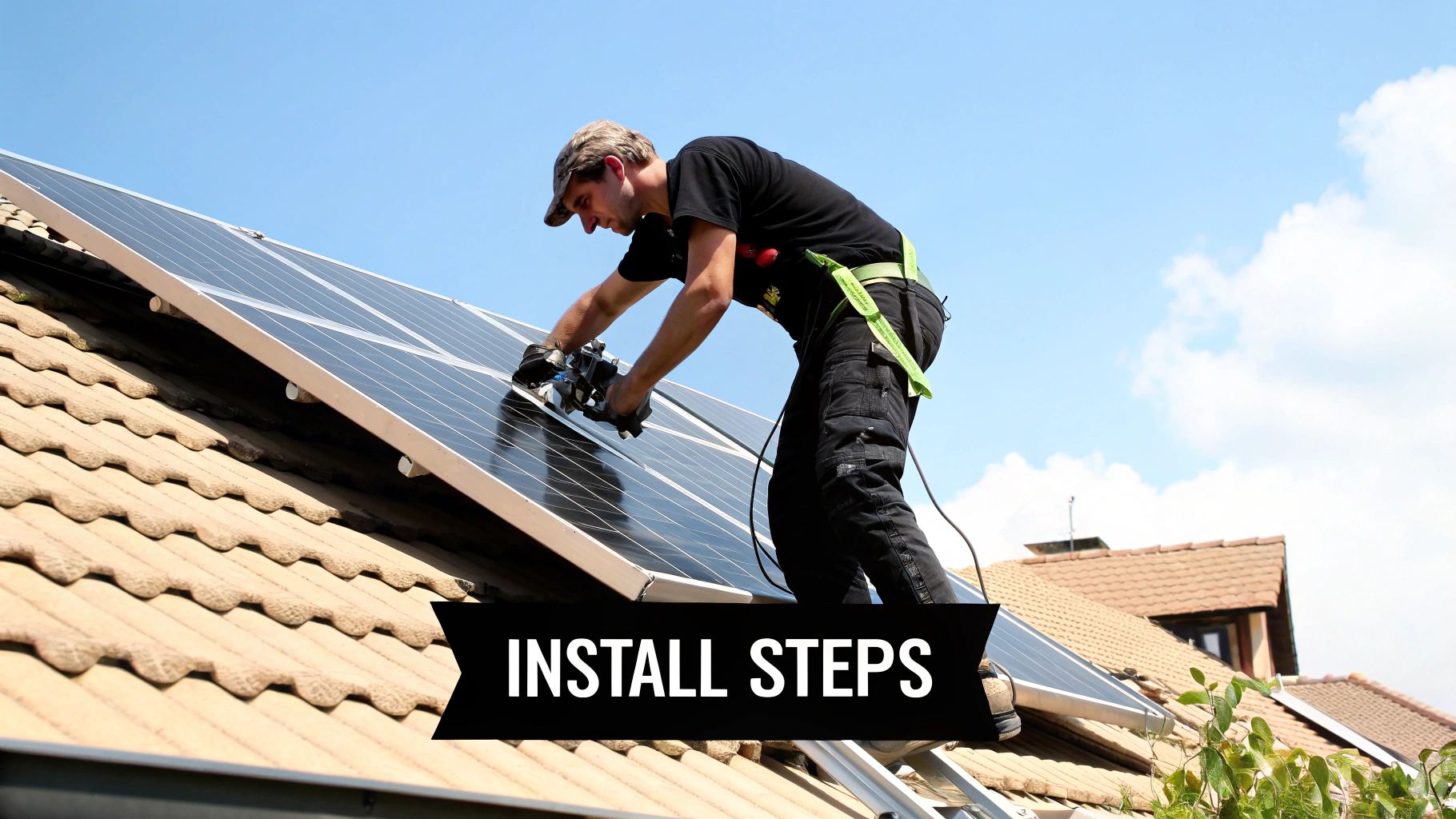 Solar panels being installed on a roof with a metal racking system.
