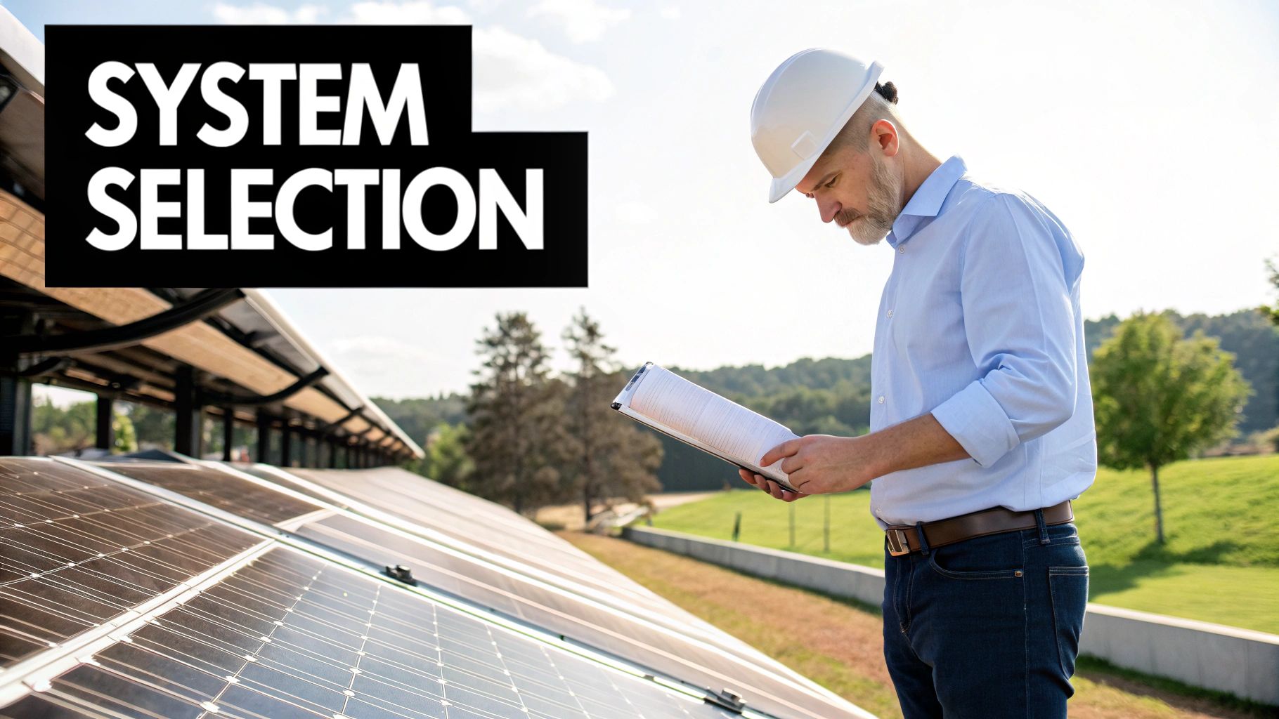 A person inspecting solar panels installed on a residential roof, symbolizing the process of choosing an off-grid system.