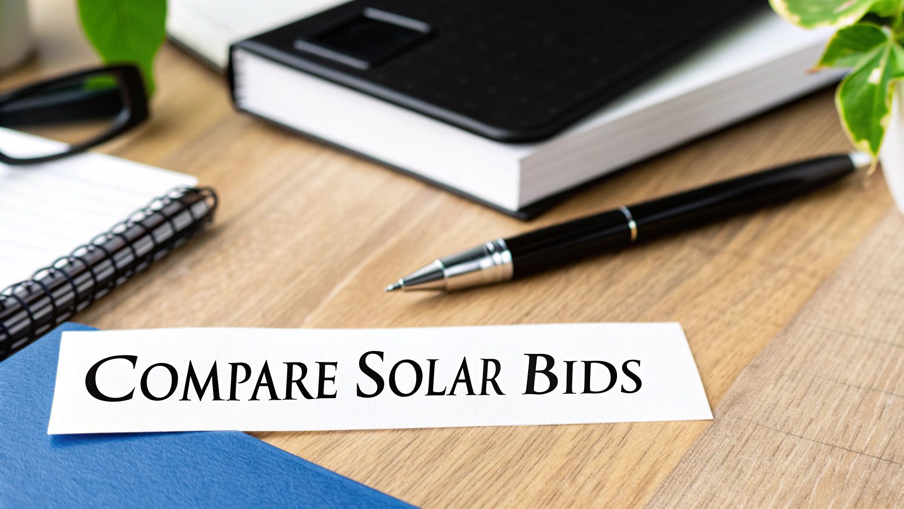 A person reviewing solar panel installation quotes on a clipboard.