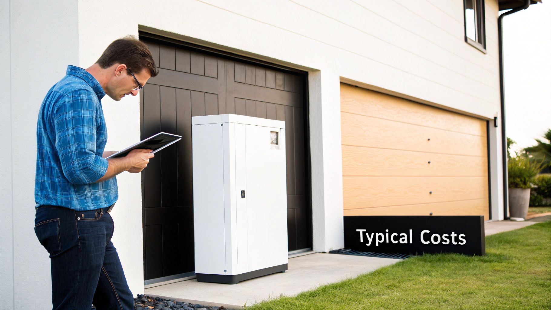 A modern home with a battery backup system installed in the garage, showing a clean and professional setup.