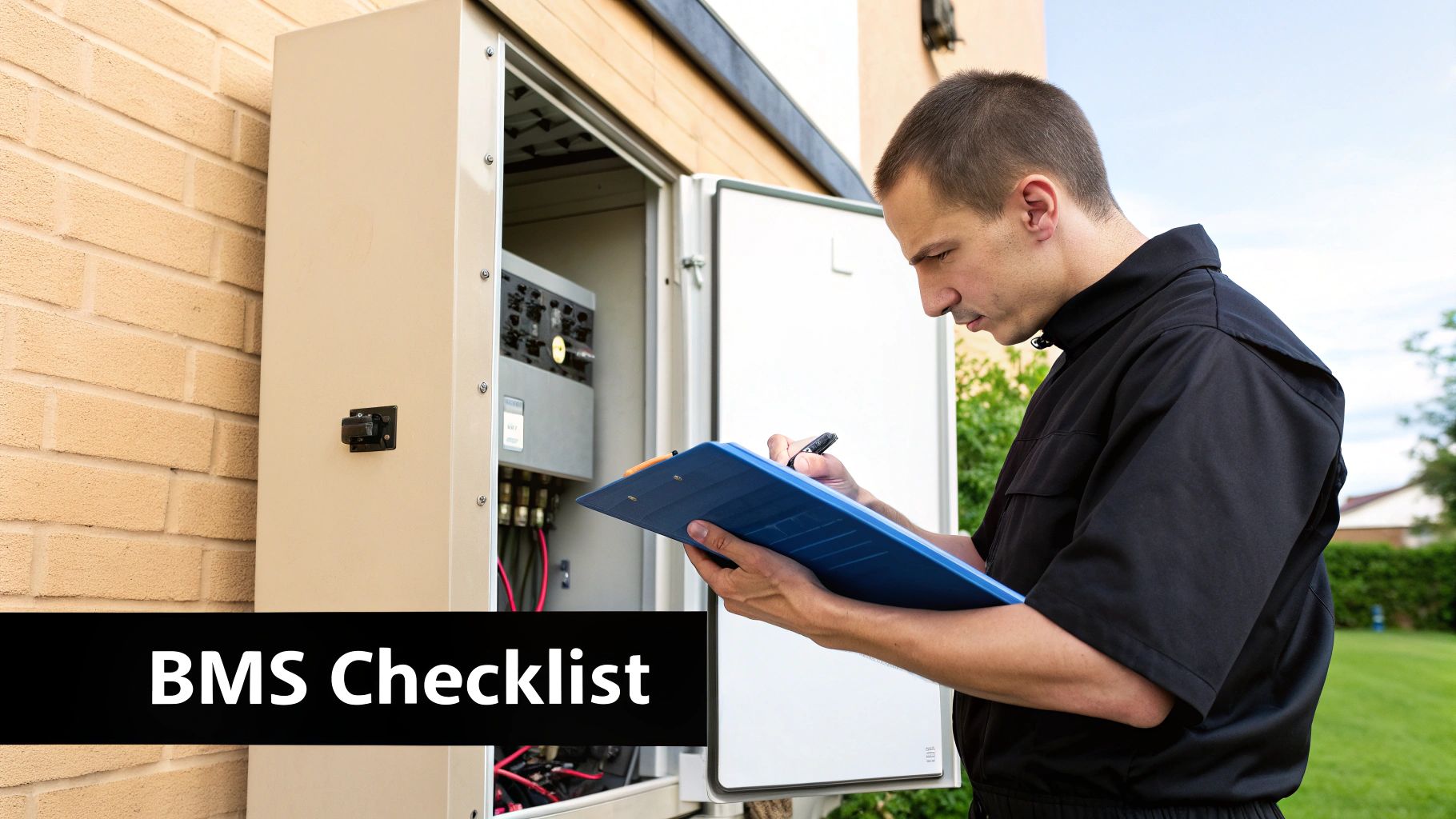 A technician's hands holding a clipboard with a checklist, with a partially assembled battery pack in the background.