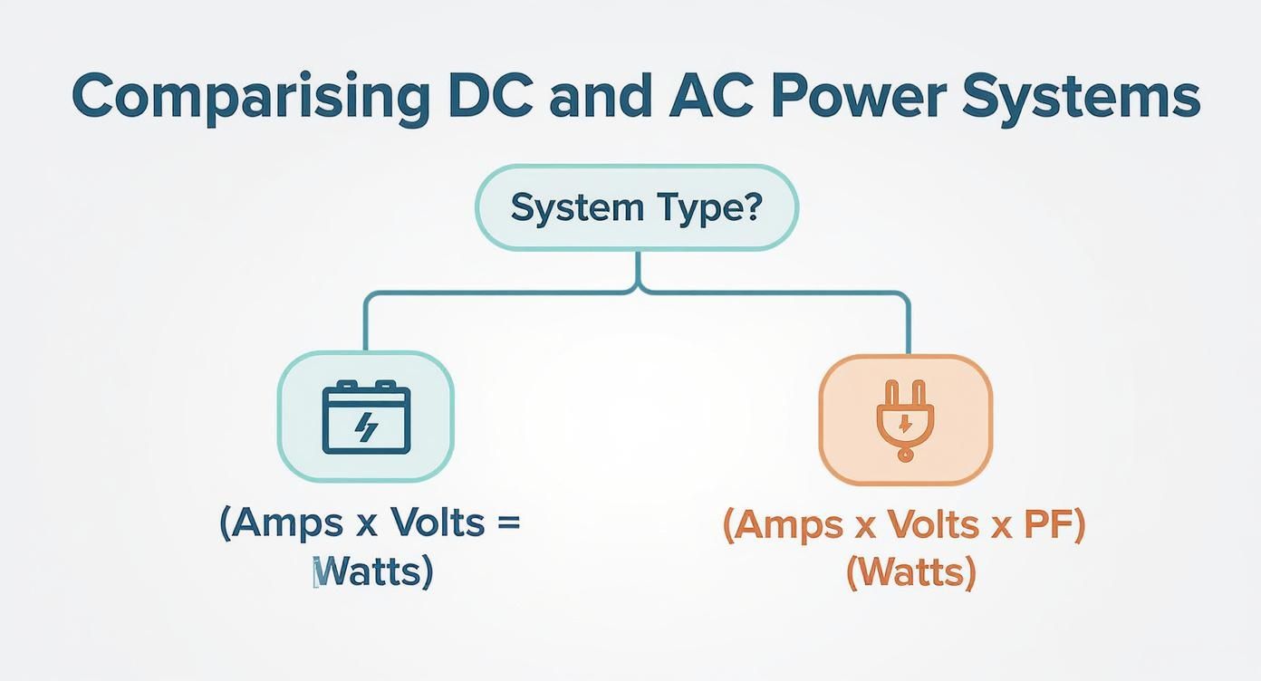Infographic about how to convert amps to watts — showing DC vs AC power factor formulas