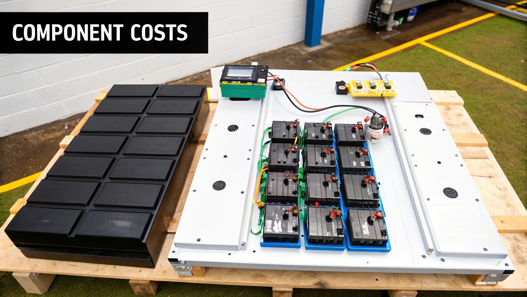 A close-up of a high-quality battery inverter with its display lit up, showing energy flow metrics.