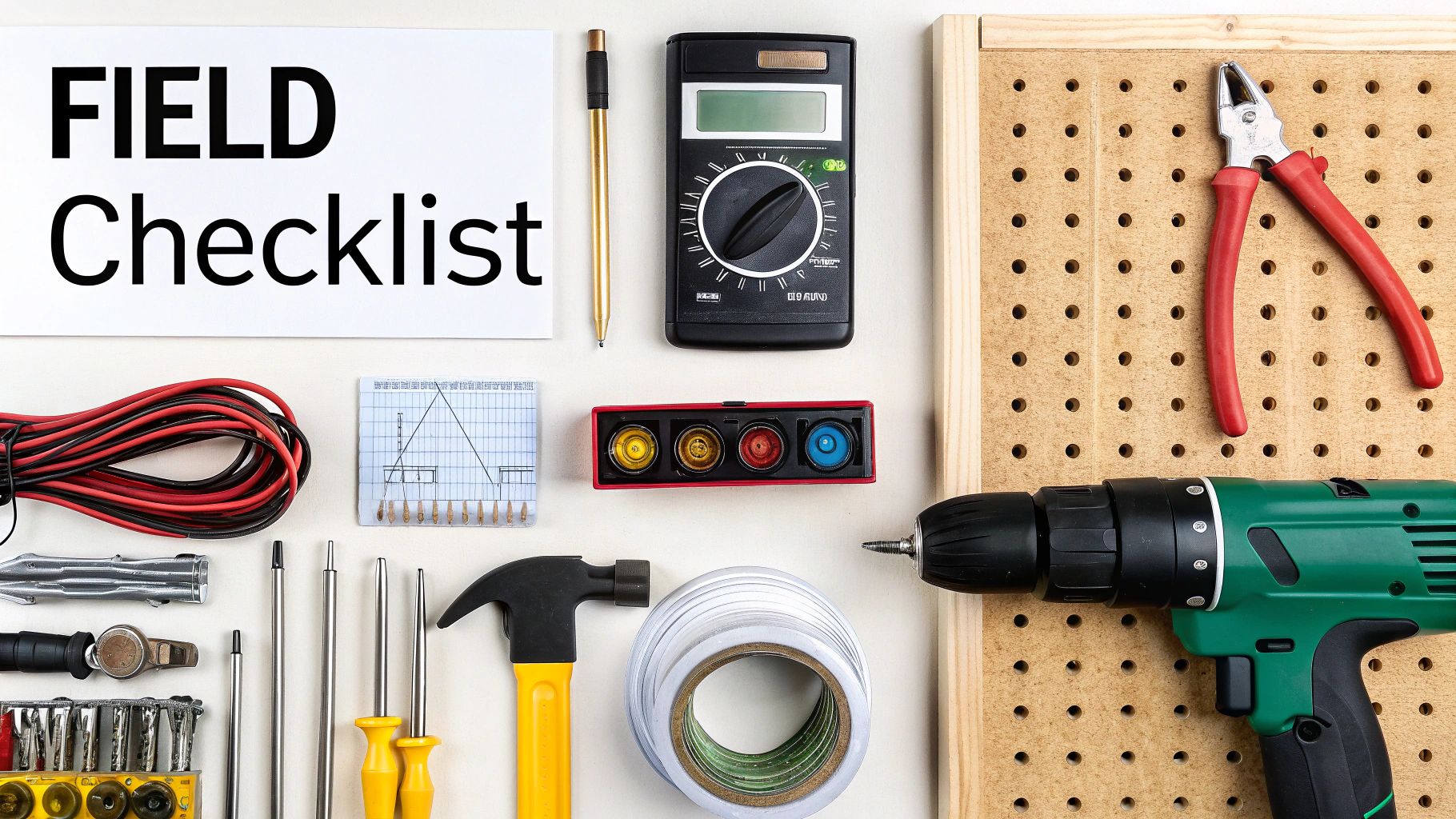A collection of electrical tools, including wire strippers, pliers, and a multimeter, laid out for a wiring project.