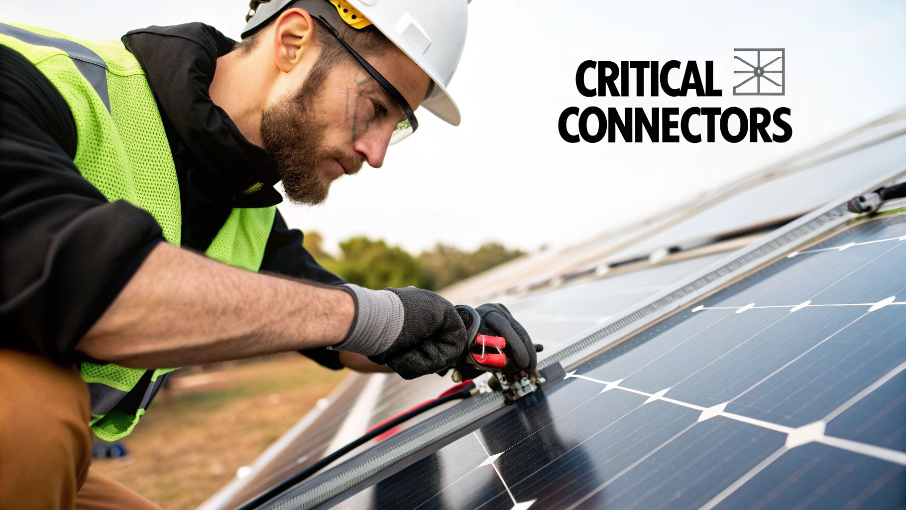 Close-up of solar wiring connectors being joined together.
