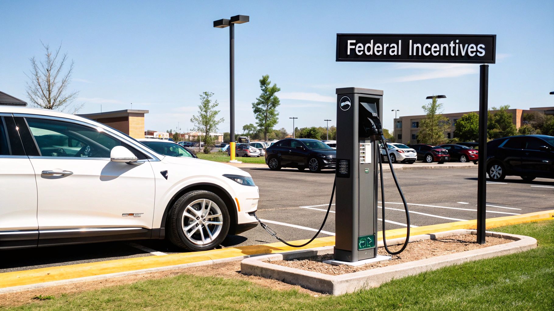 EV charging stations with cars plugged in, located in a well-lit parking area.