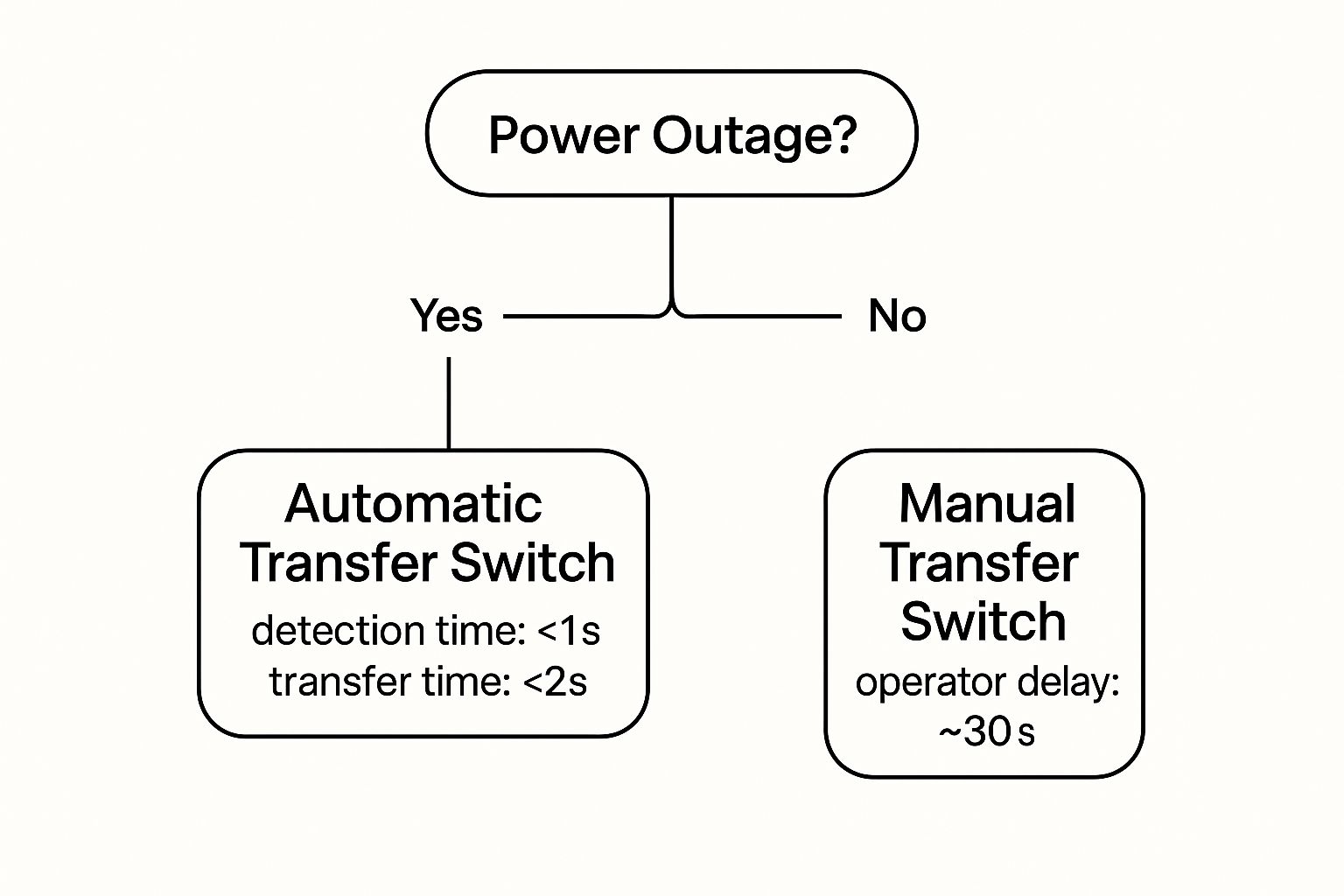 Infographic showing the response times of automatic vs. manual transfer switches during a power outage.