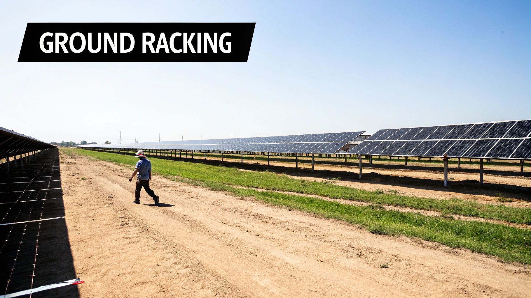 A solar installer reviewing engineering plans for a solar racking system on a rooftop.