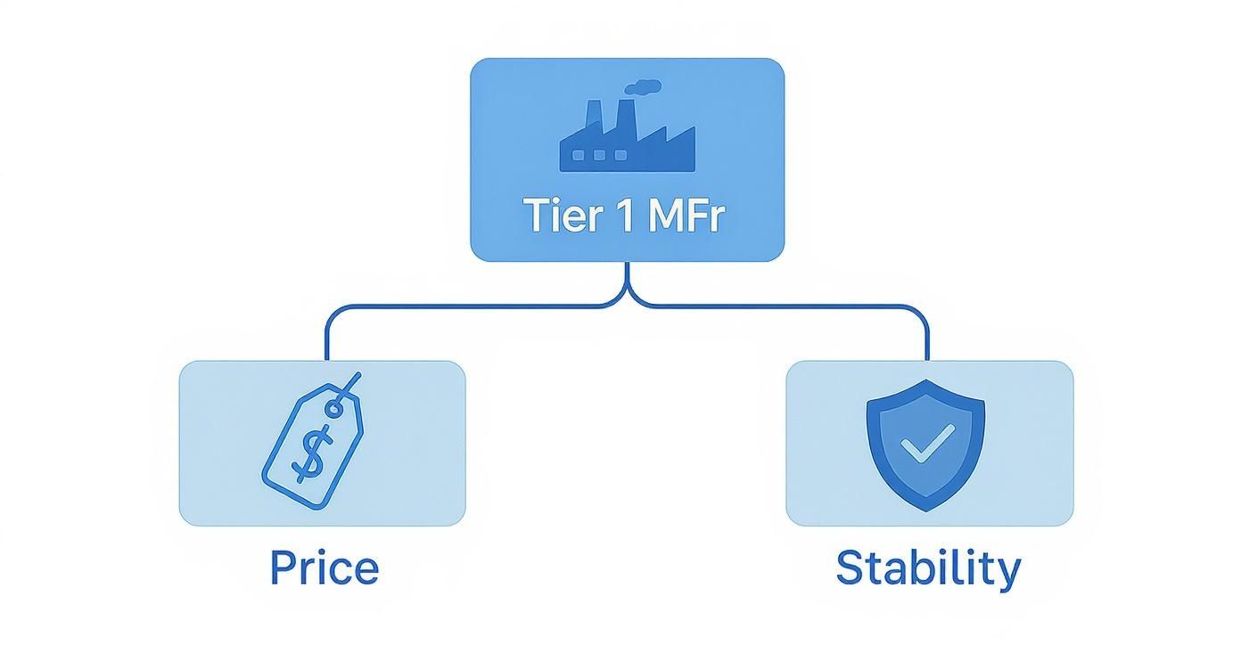 Infographic decision tree showing the choice between price and stability when selecting a Tier 1 solar module manufacturer.