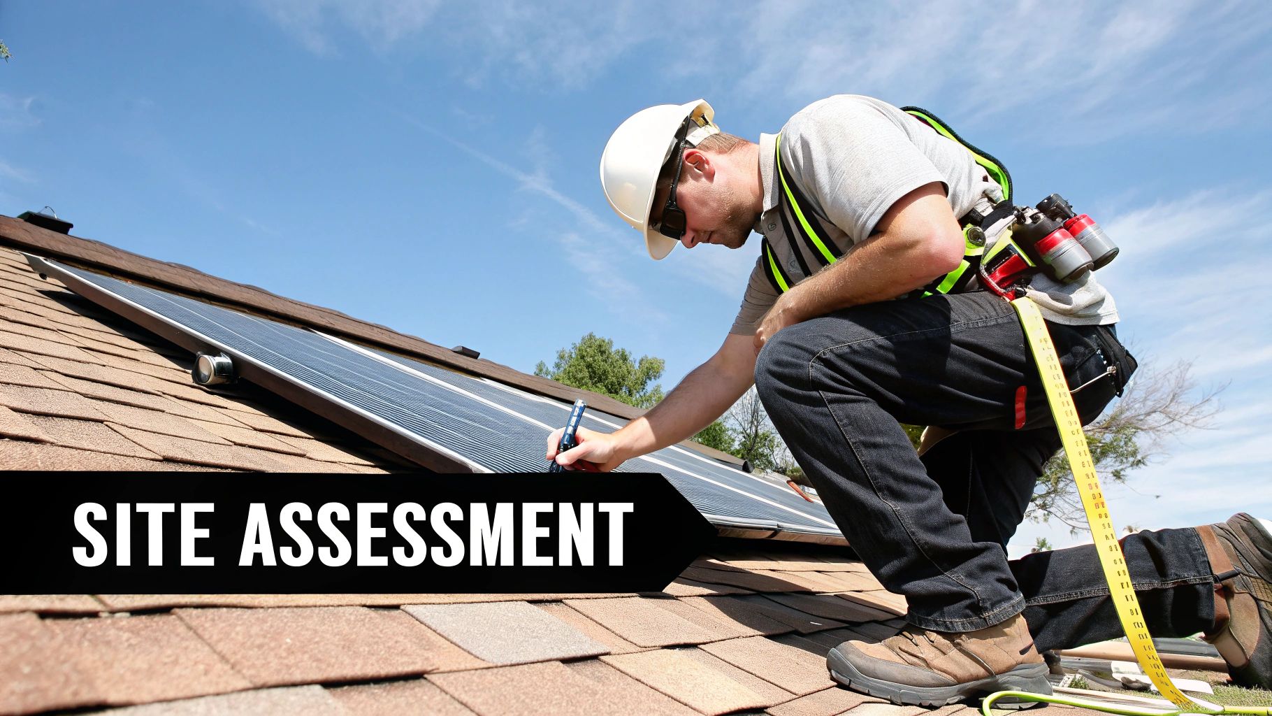 A person inspecting a rooftop with measurement tools, planning a solar panel installation