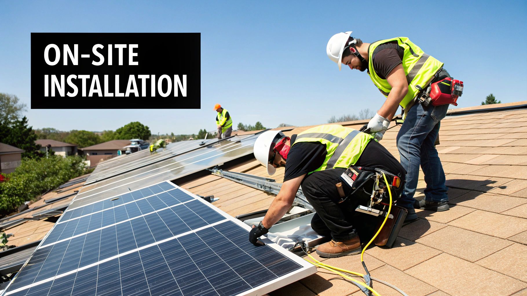 A team of solar panel installers securing panels onto a rooftop racking system.