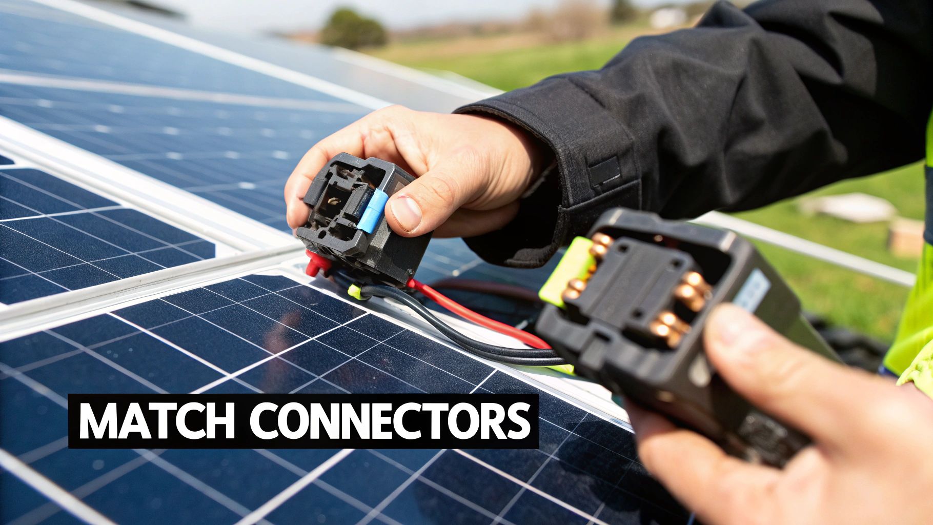 A close-up of solar wiring connectors on a solar panel array, highlighting the importance of correct connections.