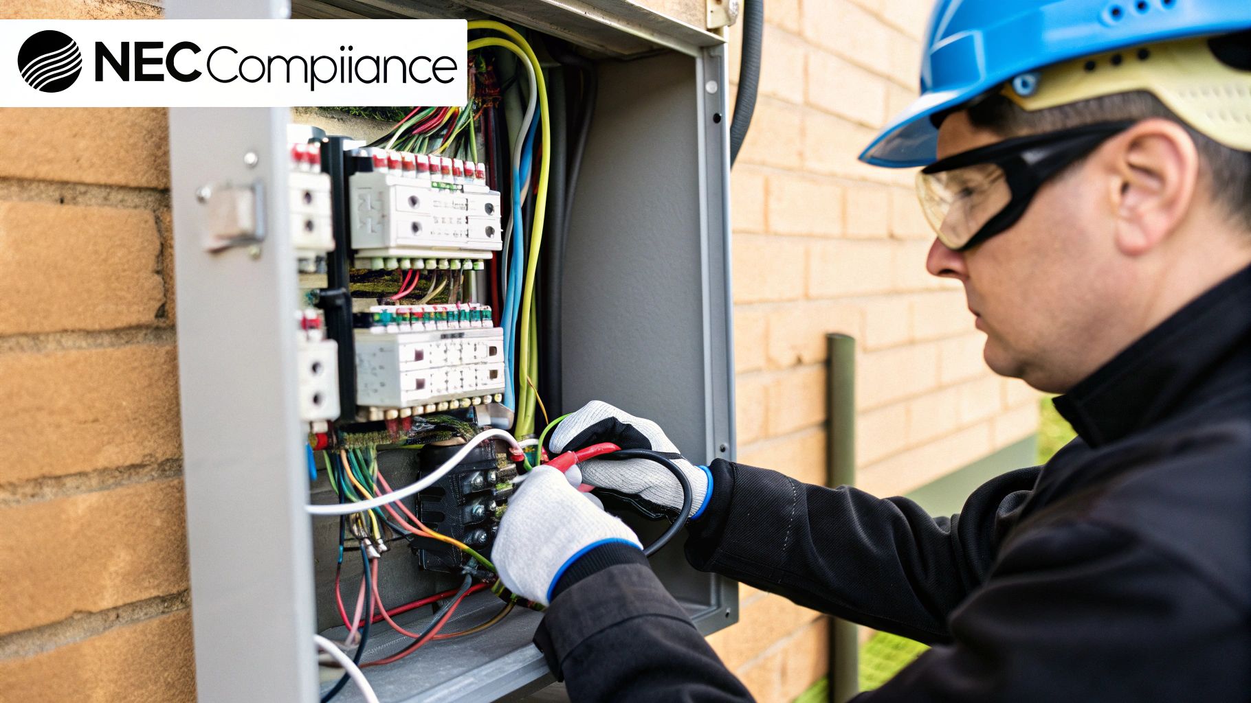 An electrician carefully wiring a transfer switch into a main electrical panel.