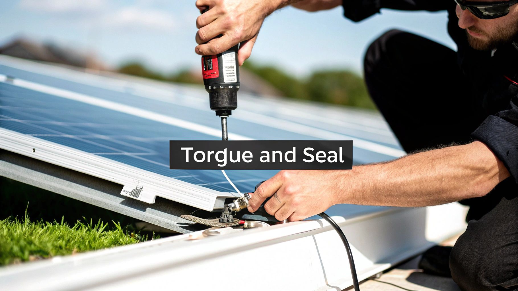 An installer carefully working on a solar panel junction box on a rooftop.