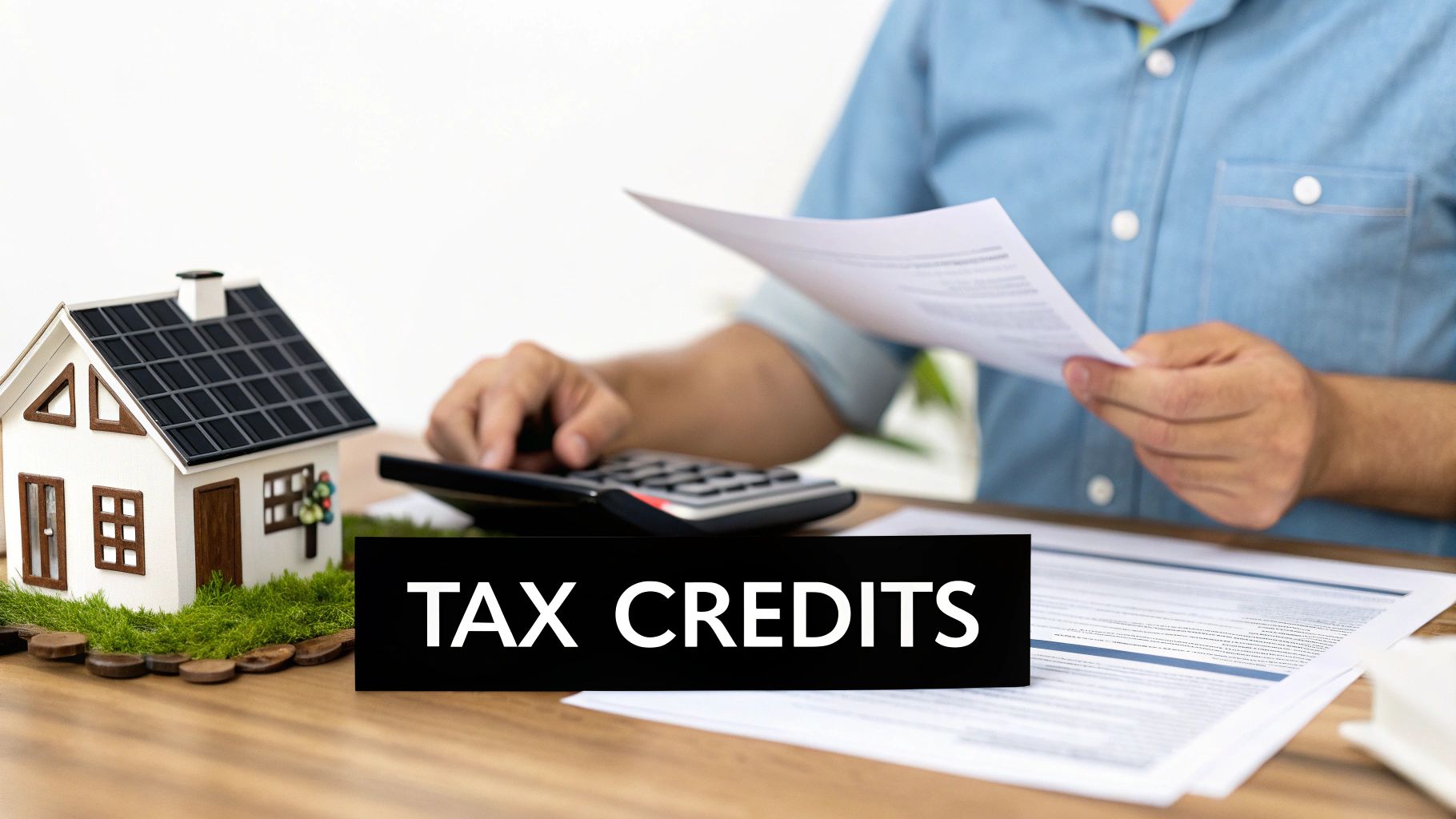 A calculator and pen resting on financial documents, representing the savings from incentives on a home battery backup system.