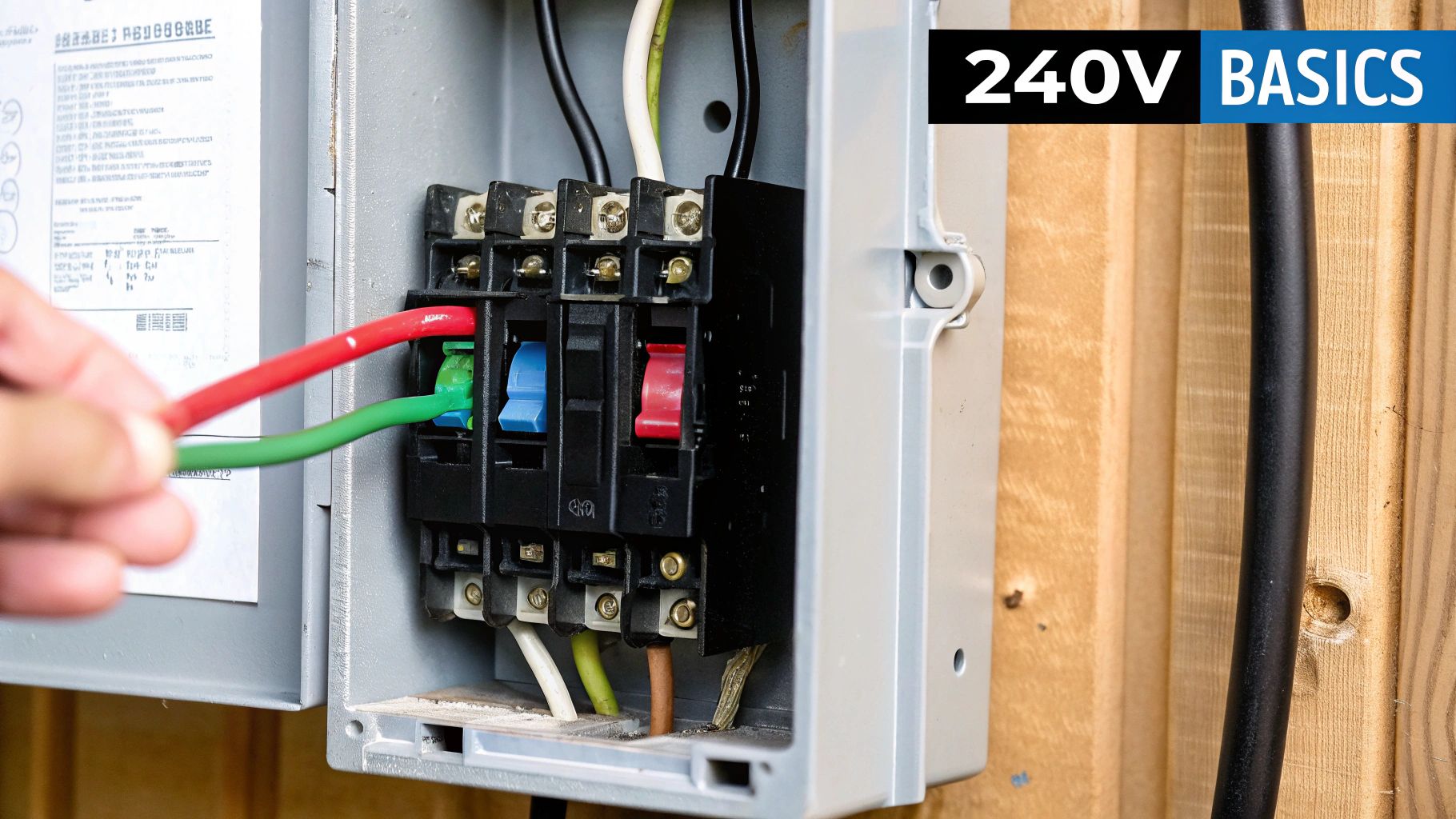 A hand holding a 240V electrical outlet against a backdrop of house wiring and studs.