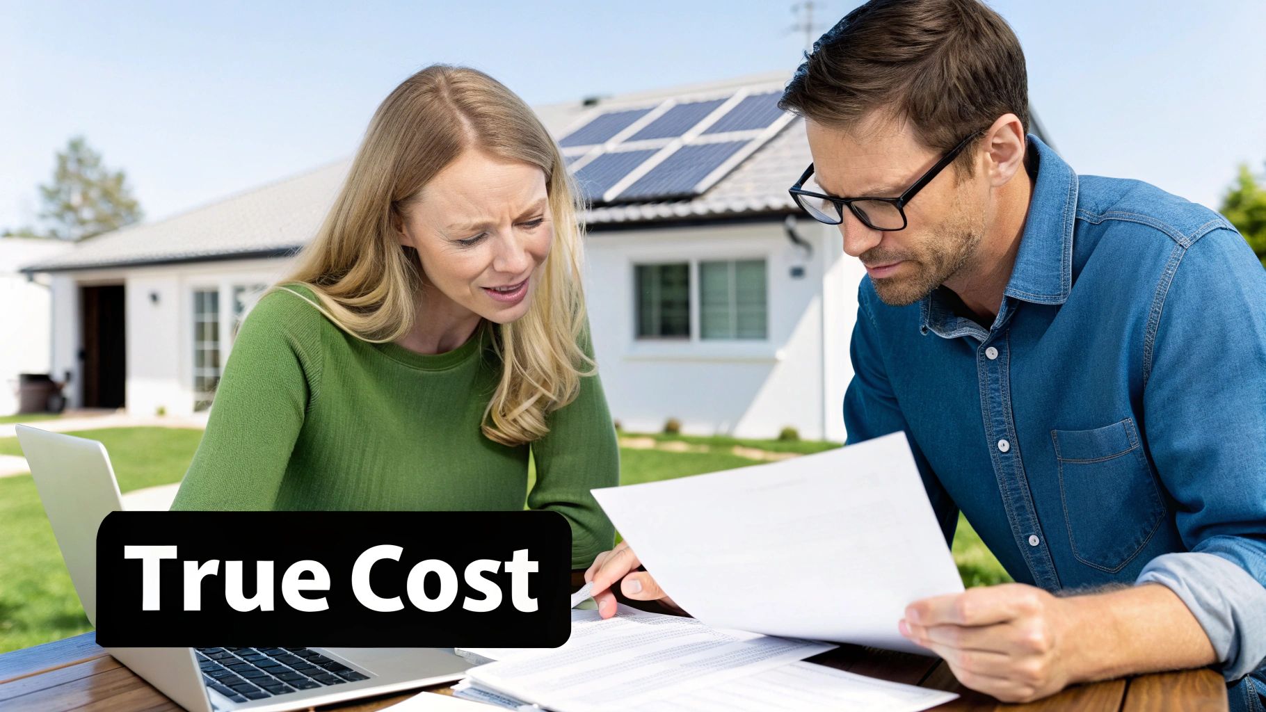 A detailed financial chart laid over a backdrop of an off-grid solar installation, visualizing the costs and ROI.