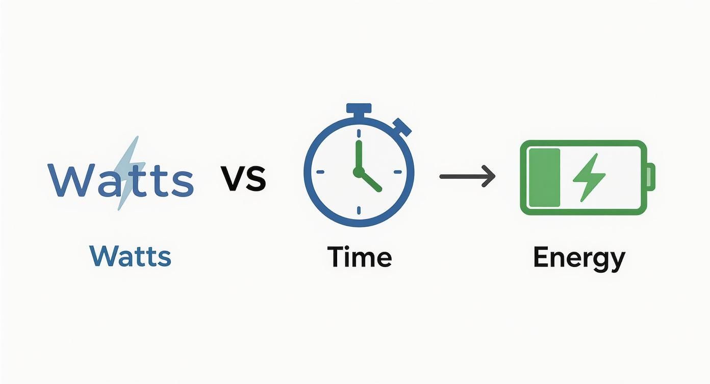 Infographic showing the relationship between power (Watts), time, and energy (Watt-hours).