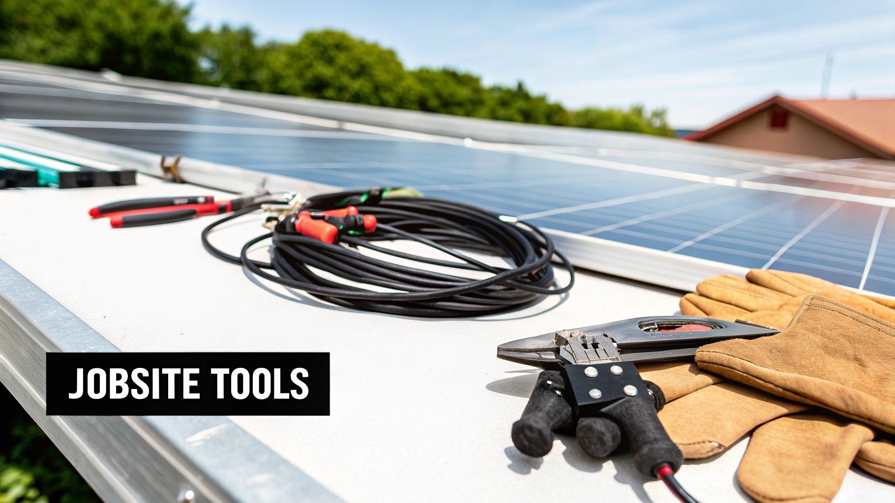 A solar panel installer working on a roof with tools.