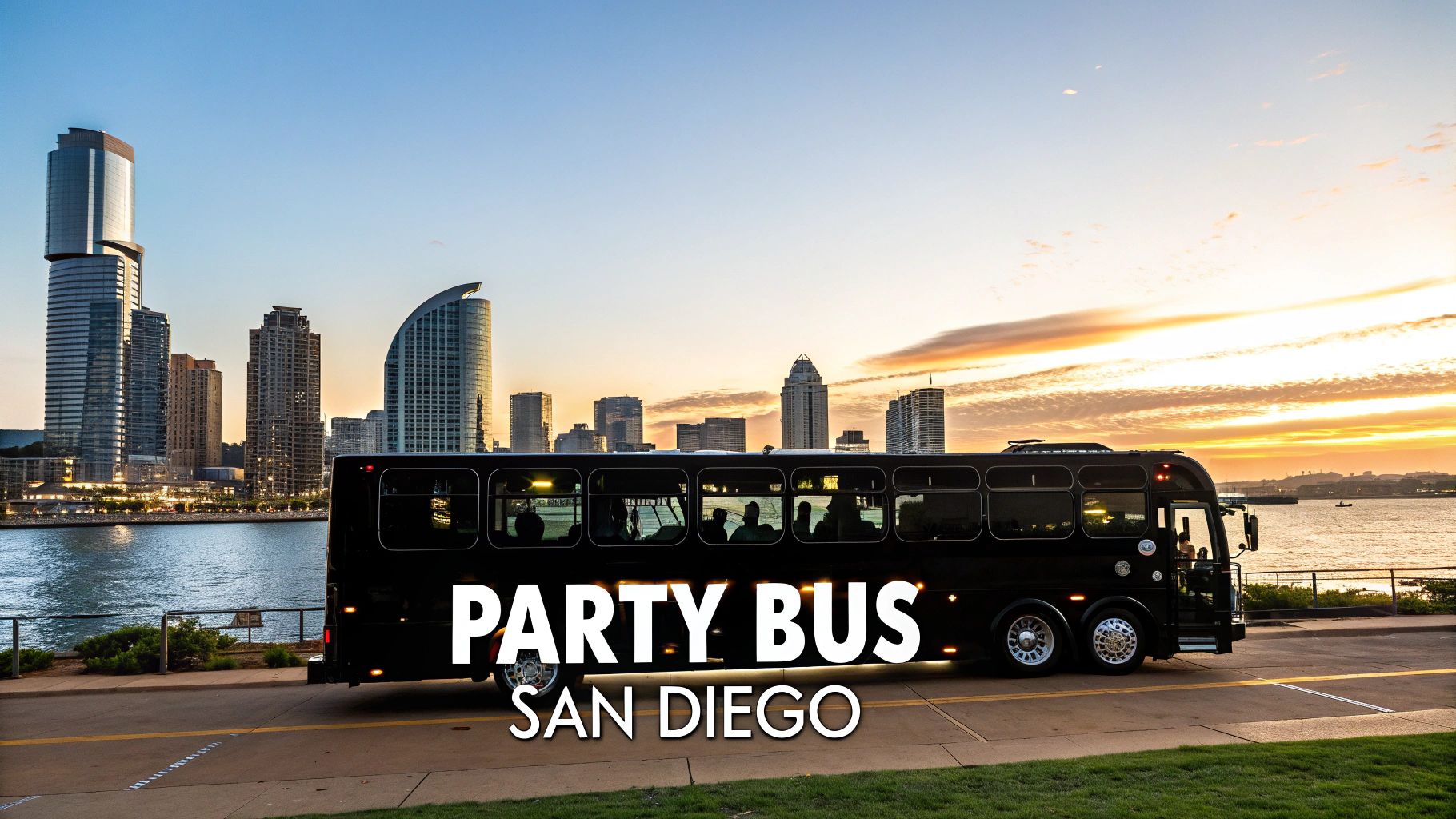 People enjoying a party bus ride in San Diego with the city lights in the background