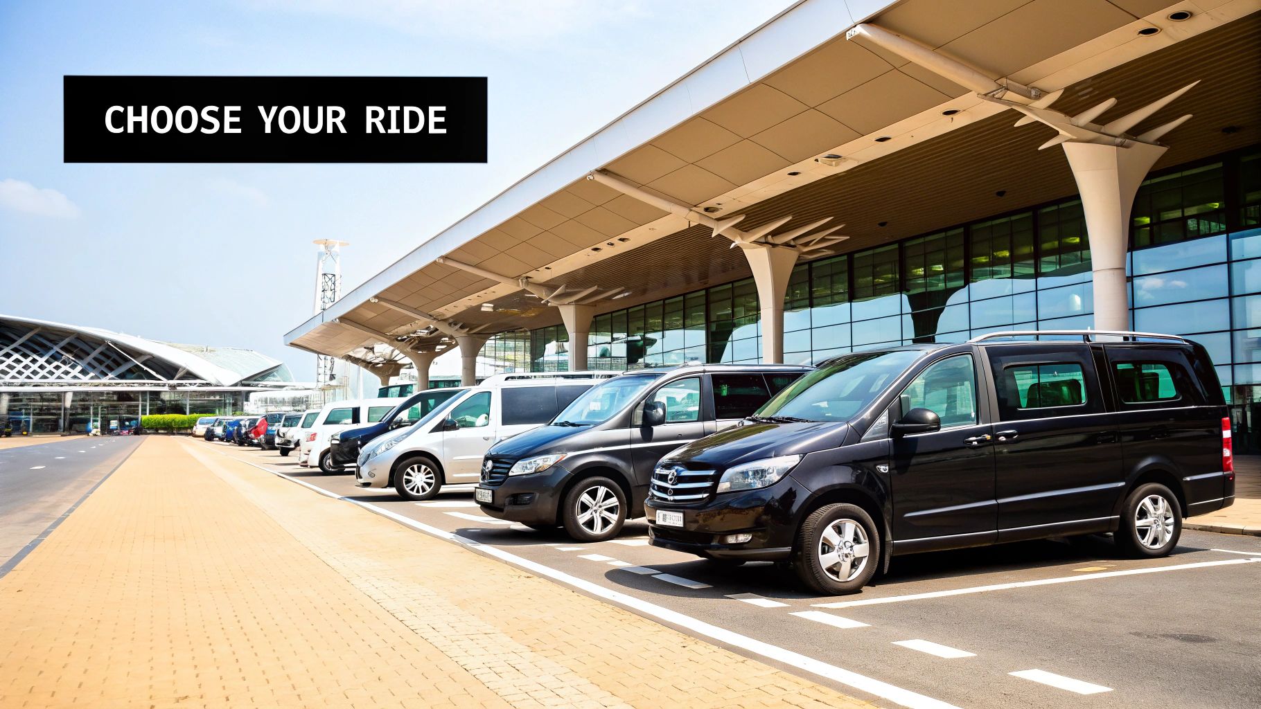A diverse fleet of luxury vehicles including a black sedan, an SUV, and a van lined up neatly in front of an airport terminal.