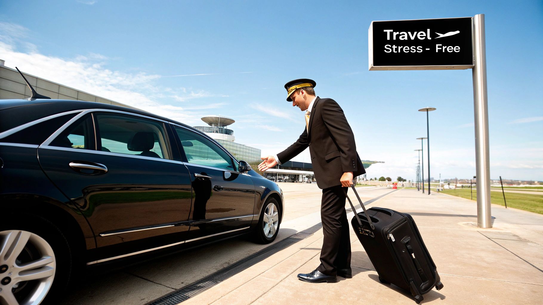 Traveler meeting a chauffeur holding a sign inside the San Diego Airport terminal.