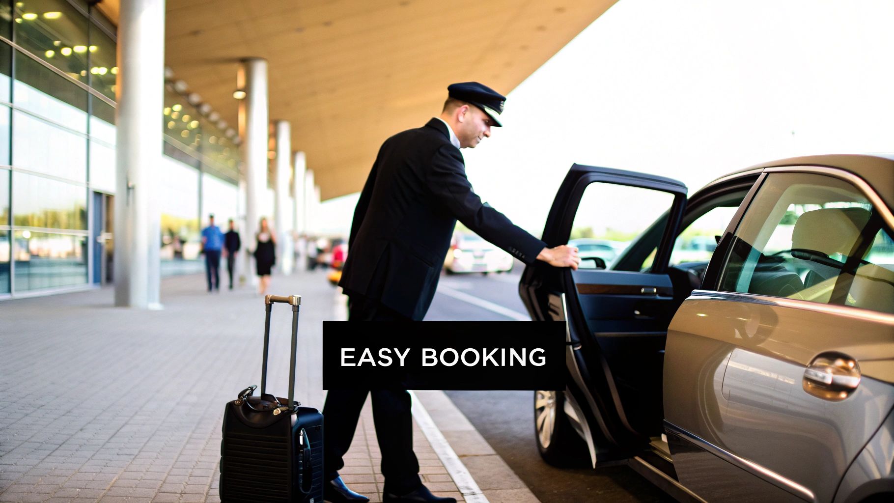 A professional chauffeur opening the door of a luxury sedan for a traveler at the airport.