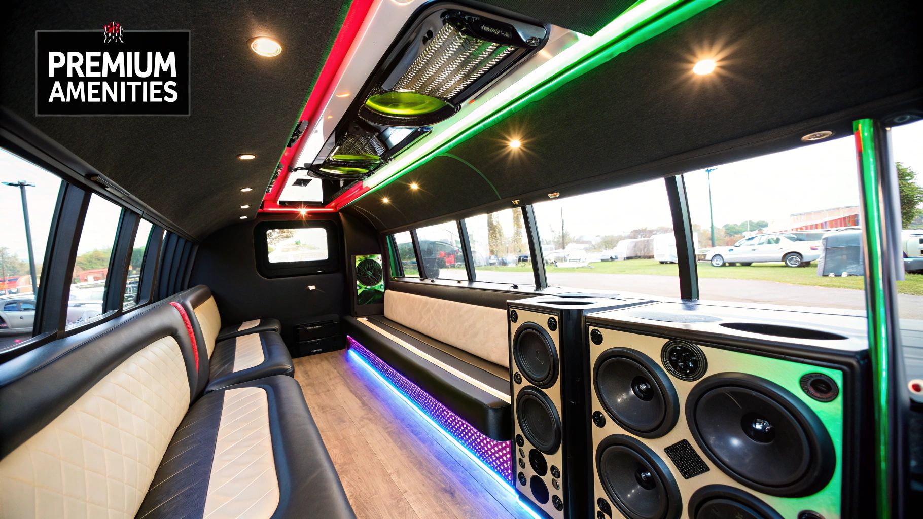 Passengers safely enjoying a party bus with visible safety features like handrails