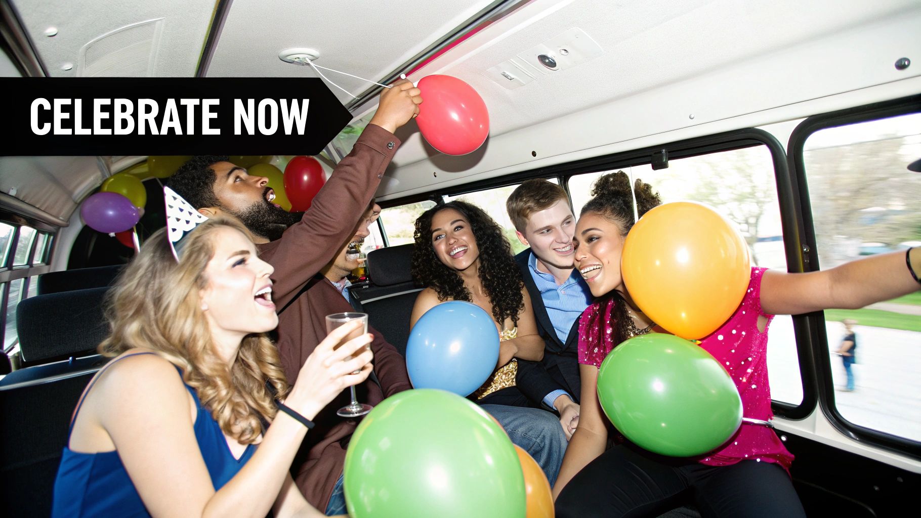 Guests raising a toast inside a well-sized party bus in San Diego